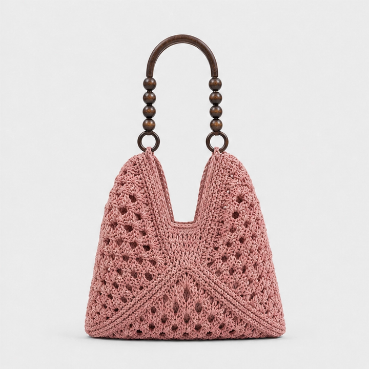 Dunecove™ – Handwoven Crochet Straw Shoulder Bag with Wooden Bead Handles + 50% OFF