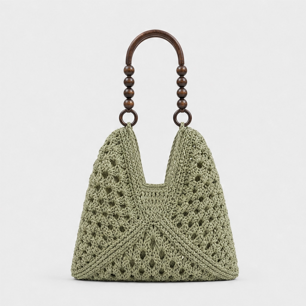 Dunecove™ – Handwoven Crochet Straw Shoulder Bag with Wooden Bead Handles + 50% OFF