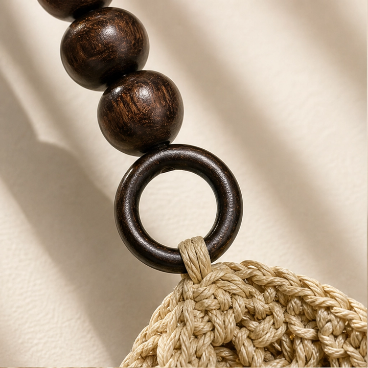 Dunecove™ – Handwoven Crochet Straw Shoulder Bag with Wooden Bead Handles + 50% OFF