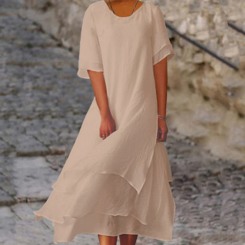 Linwell™ – Layered Cotton-Linen Flowing Midi Dress with Asymmetric Hem + 50% OFF