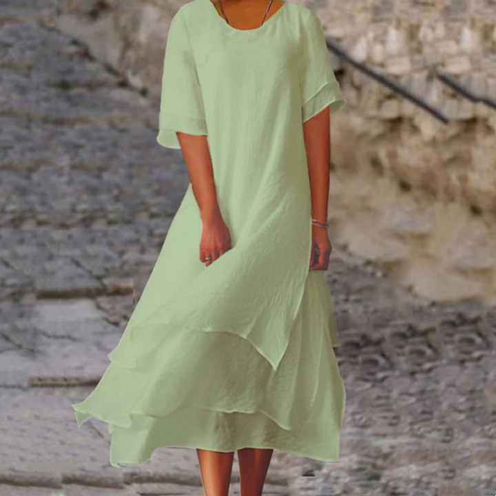 Linwell™ – Layered Cotton-Linen Flowing Midi Dress with Asymmetric Hem + 50% OFF