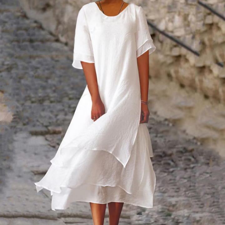 Linwell™ – Layered Cotton-Linen Flowing Midi Dress with Asymmetric Hem + 50% OFF