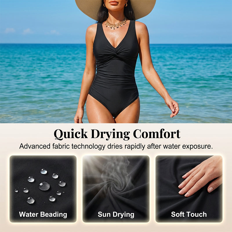 Drapelle™ – Tummy-Control Twist-Front V-Neck One-Piece Swimsuit + 50% OFF