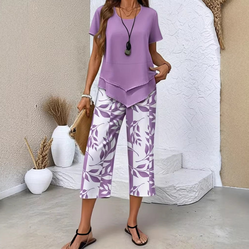 Olivelle™ – Layered Asymmetric Tunic &amp; Leaf-Print Capri Set + 50% OFF