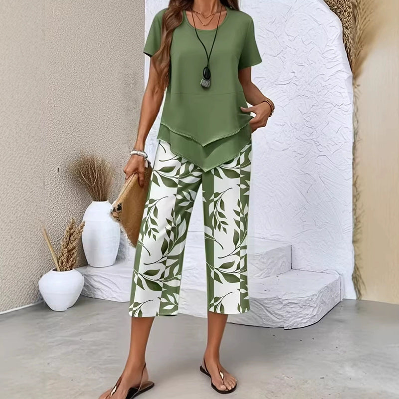 Olivelle™ – Layered Asymmetric Tunic &amp; Leaf-Print Capri Set + 50% OFF