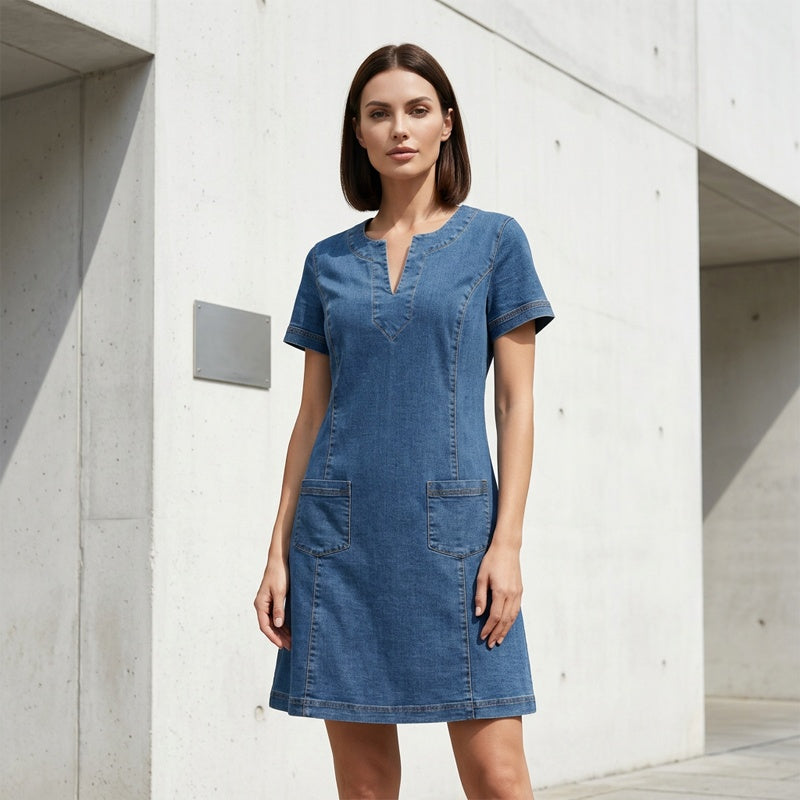 Solène™ – Lightweight Breathable Denim V-Neck Dress with Pockets + 50% OFF
