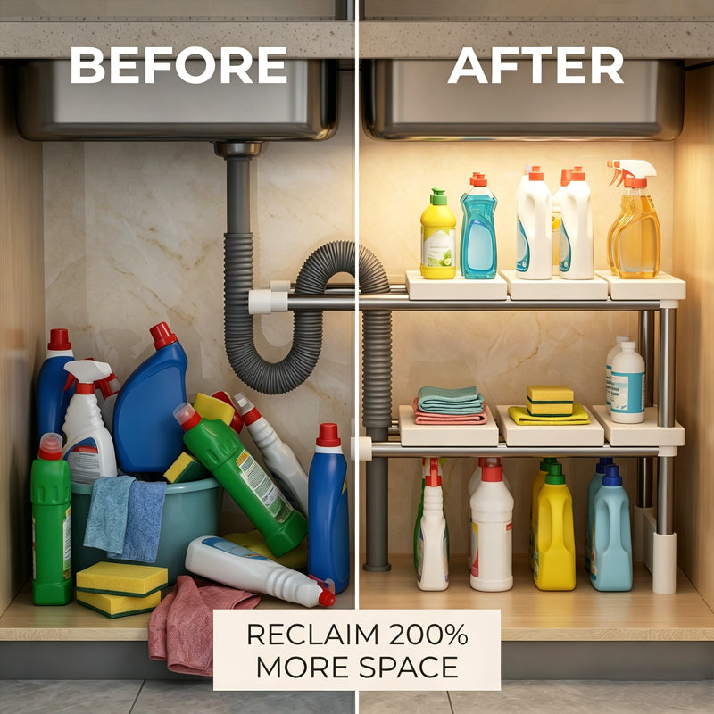 Alcove – Expandable Under-Sink Shelf with Removable Panels &amp; No-Wobble Frame + 50% OFF